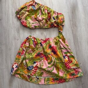 FARM Rio Macaw Leaves Cut Out Waist Linen Blend Mini Dress